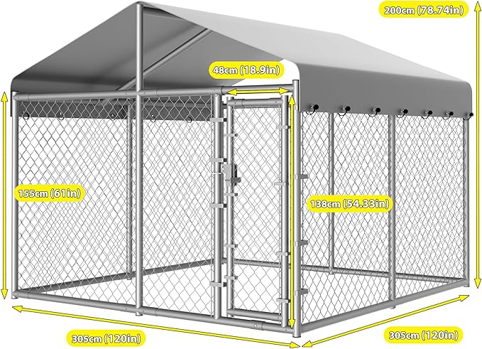 10 x 10 x 6 ft Outside Dog Kennel Outdoor Large with Roof, Enclosure with Roof, Outdoor Heavy Duty Dog Run Pens House Pet Playpen with Galvanized Chain Link