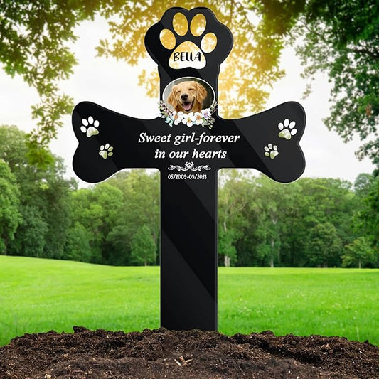 Custom Dog Memorial Gifts - Clear Acrylic Pet Grave Marker for Dogs & Cats, Outdoor Pet Cemetery Cross Sign, Weatherproof & Personalized Look (A-Cross1, Black)