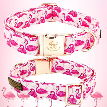 Elegant little tail Dog Collar, Pink Flamingos Dog Collar with Bow Girl Cotton Bowtie Spring Pet Collars Gift Adjustable Pet Collars for Large Dogs