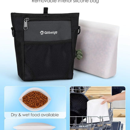 Gobeigo Dog Treat Pouch with Silicone Snack Bag, Front Pocket fits All Phones, 4 Cup Treat Bag with Training Clicker, Upgrade Stronger Magnetic Closure, 3 Ways to Wear Walking Fanny Pack (Gray)