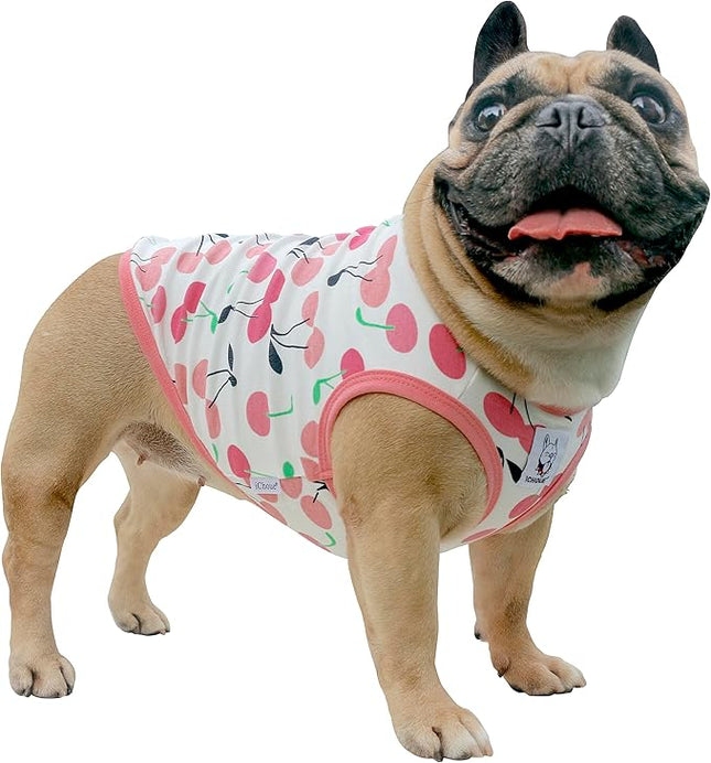 iChoue 100% Breathable Cotton French Bulldog Halloween Cartoon T Shirts Cute Clothes for Medium Dogs Vest Tank Tops Frenchie Pug Small Puppy English Boston Terrier Cherry - Large