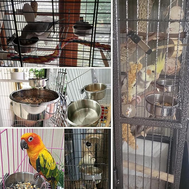 PINVNBY 6 Pieces Stainless Steel Bird Feeding Dish Cups,Parrot Feeder Parakeet Food Water Bowls with Clamp Holder & 6 Pcs Bird Spoon & 6 Pcs Birds Ball Toys for Budgies Macaw Small Animal(L)