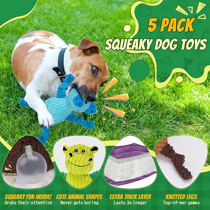 5 Pack Large Plush Squeaky Dog Toys, Funny Stuffed Animal Tough Dog Toys Assortment, Interactive Chew Toy to Keep Them Busy, Pet Dog Toy Bundle for Small Medium Large Dogs