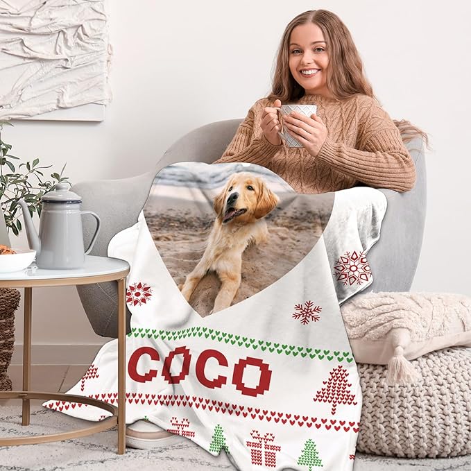 Custom Christmas Dog Blanket Gifts, Personalized Pet Blanket with Name, Customized Throw Blanket with Photo Name, for Pet Lovers, Dog Memorial Gifts for Loss of Cats Dogs