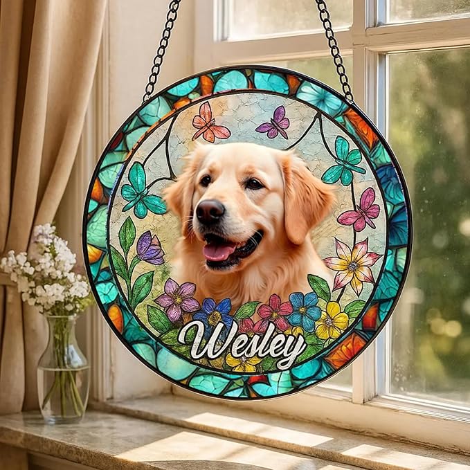 Gabita Custom Pet Portrait Stained Glass Window Hanging, Memorial Dog Portrait Art Light Catcher, Dogs Ornament Christmas Tree, Dog Sympathy Gift, Pet Memorial Ornament
