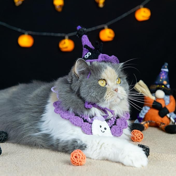 Halloween Cat Costume & Dog Outfit – Handmade Purple Witch Hat & Cute Ghost Cat Clothes, Adjustable Pet Outfit for Cats &Small Dogs, Lightweight & Breathable, Festive Pet Accessories