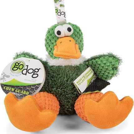 goDog Checkers Sitting Duck Squeaky Plush Dog Toy, Chew Guard Technology - Green, Small