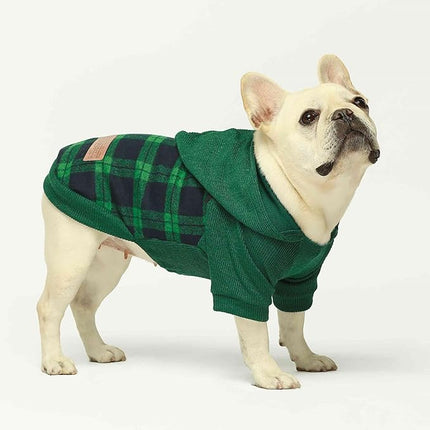 Fitwarm Tartan Plaid Dog Hoodie, Knitted Dog Clothes for Small Dogs Boy, Pet Sweater with Hood, French Bulldog Winter Outfit, Green, Large