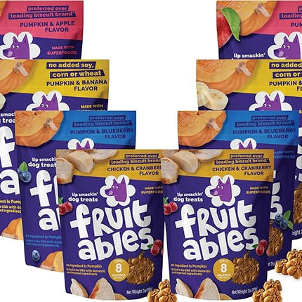 Fruitables Baked Dog Treats Variety Pack of 8 (Pumpkin & Apple, Banana, Blueberry, Cranberry - 7 oz (8 Pack)