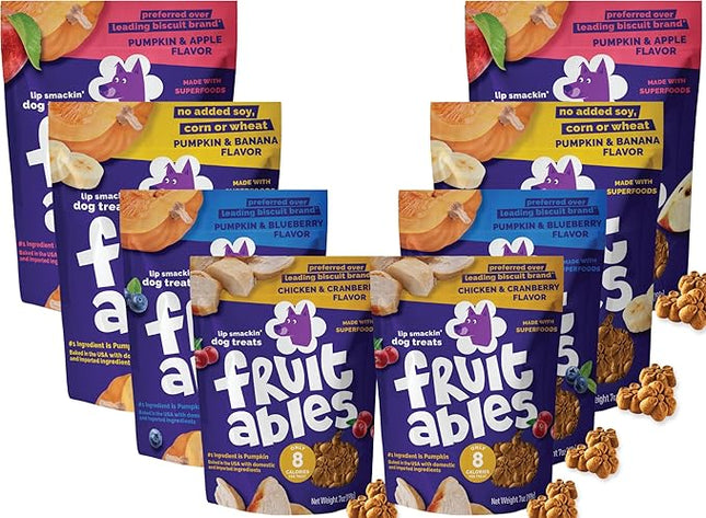 Fruitables Baked Dog Treats Variety Pack of 8 (Pumpkin & Apple, Banana, Blueberry, Cranberry - 7 oz (8 Pack)