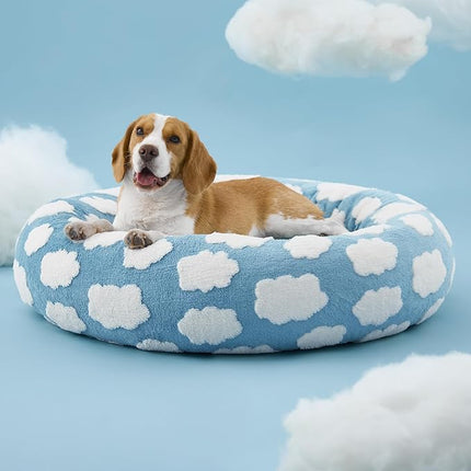 LE SURE Donut Dog Beds Large Sized Dog - Round Pet Beds for Calming Puppy with Washable Cover, Orthopedic Modern Beds with Jacquard Shaggy Plush & Anti Slip Bottom, 33 Inch，Blue