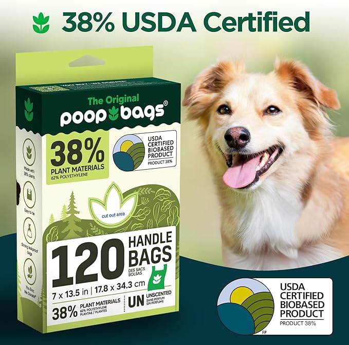 The Original Poop Bags® Dog Waste Bags with Handles - Heavy-Duty & Leak-Proof, USDA Certified 38% Plant-Based, Unscented, Easy Tie-Handle Poop Bags for All Size Dogs (360 Count)