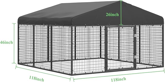 10x10x6 FT Outdoor Dog Kennel Steel Ideal Dog Fence for Medium/Small Dogs Anti-Rust Coating Cage with Roof All Weather Resistant Dog House with Double Locks (118" W x 118" D x 72.5" H)