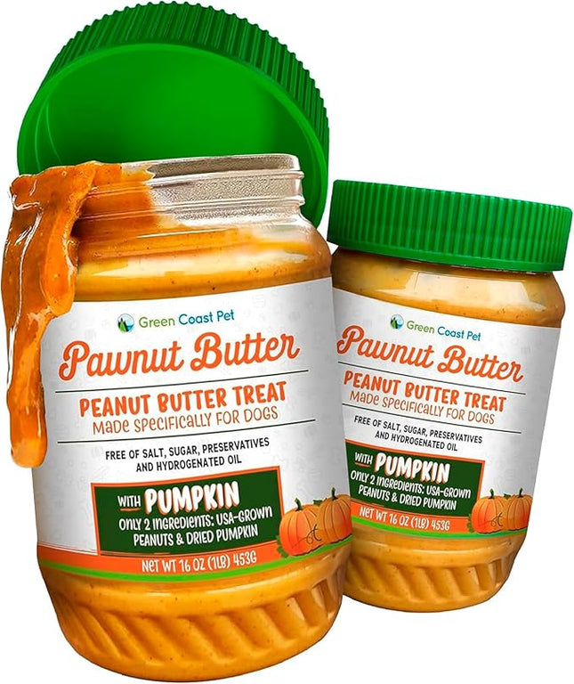 Natural Peanut Butter for Dogs Safe - 100% Healthy Dog Treats - No Sugar, Xylitol Free, Digestive Support - Puppy Dog Peanut Butter with Pumpkin 16 oz - Made in USA Premium Quality