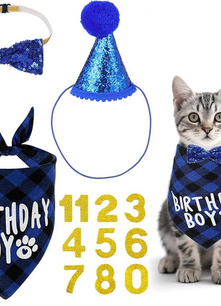 Cat Birthday Party Supplies, Cat Birthday Hat with Number, Bandana, Bow Tie, Cats Apparel Outfits for Birthdays Decorations （Blue）