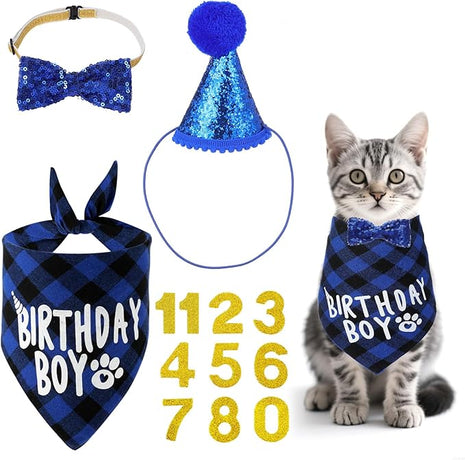 Cat Birthday Party Supplies, Cat Birthday Hat with Number, Bandana, Bow Tie, Cats Apparel Outfits for Birthdays Decorations （Blue）