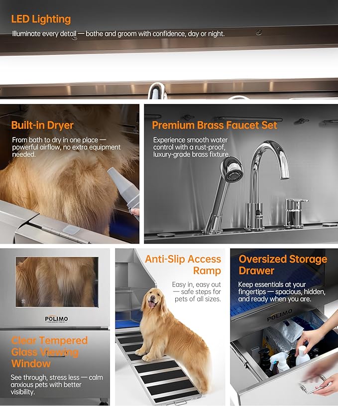 POLIMO Dog Wash Station with Pet Dryer & LED, Professional Dog Bathing Station for Large, Medium & Small Dogs – with Window, Ramp, Drawer, Floor Grate, LED Display & Faucet (Right RAMP & Dryer, 61")