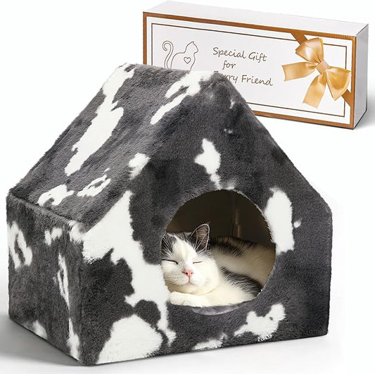 ComSaf Cat Bed House, Cat Cave for Indoor Cats with Fluffy Covered Cat Beds, Washable Cat House Hideaway Hut for Kitten Rabbit, Sturdy Beds & Furniture Gifts, Grey