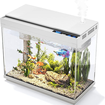 Fish Tank 2.4 Gallon Aquarium Kit with Humidifier 7-Color Auto-Looping 3 in 1 Quiet Pump with Filteration & Oxygenation & Circulation, Temperature Display, HD Glass