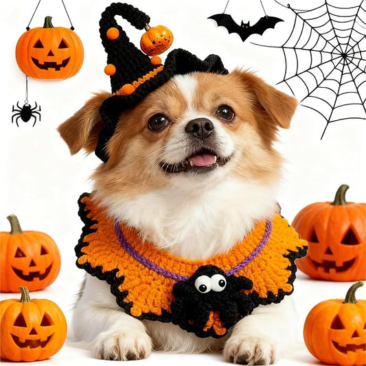 Hand-Knit Halloween Pet Costume-Spider & Black Witch Hat for Cats and Small Sized Dogs,Festive Halloween-Themed Cat Apparel,Comfortable and Breathable Dog Halloween Outfits,Cat Witch Costume