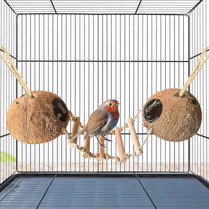 Bird Hides Coconut Nest with Wood Ladder,Syrian Hamster Cage Hanging Natural Coco Shell Hut Hide Toy with Wooden Bridge,Hollow Hideaway Toys for Small Animal Rat Lovebird Finches