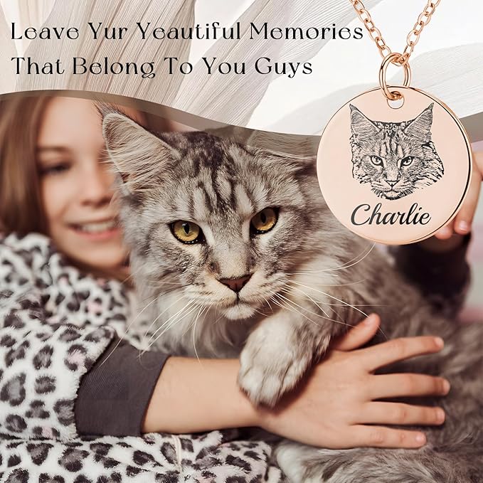 Personalized Pet Portrait Necklace Customized Pet Memorial Necklaces Dog Necklace for Women Custom Pets Necklaces Dog Memorial Jewelry for Cat Mom Dogs Dad (Rose Gold 2 Portrait)