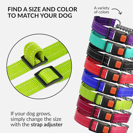 CollarDirect Martingale Dog Collar with Stainless Steel Chain and Quick Release Buckle - Reflective Collar for Large, Medium, Small Dogs - Lime Green, Medium (Neck Size 14"-17")