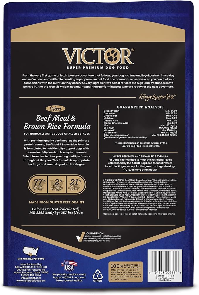 VICTOR Super Premium Dog Food – Select Beef Meal & Brown Rice Formula for Immune and Gut Health – Gluten-Free Beef Meal Dry Dog Food for All Normally Active Dogs of All Life Stages, 5 lbs