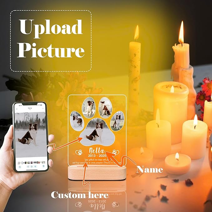 Personalized Pet Memorial Gifts, Pet Loss Gifts in Memory of Dog Night Lights, Custom Dog Memorial Plaque, Cat Memorial Photo Frame (Design #4)