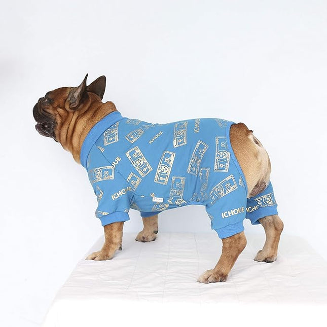 iChoue English Bulldog Pajamas Onesie Suit PJS Bodysuits for Medium Dogs Large French Frenchie Pug Pitbull Boston Terrier - Blue Money, XL
