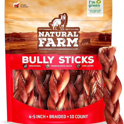 Natural Farm Odor-Free Braided Bully Sticks (4-5 Inch, 10 Pack) - 100% Grass-Fed Beef, Grain-Free, Low Fat & Fully Digestible Best Dental Treats, Safest Long Lasting Pizzle Chews to Keep Your Dog Busy