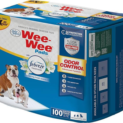 Four Paws Wee-Wee Odor Control with Febreze Freshness Pee Pads for Dogs & Puppies, Leak-Proof Dog Housebreaking Potty Training Floor Protection, Spring Fresh Scent, 22" x 23", 100 Count
