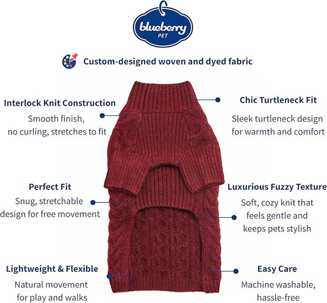 Blueberry Pet Classic Fuzzy Textured Knit Pullover Turtle-Neck Dog Sweater in Burgundy Red, Back Length 14", Pack of 1 Clothes for Dogs