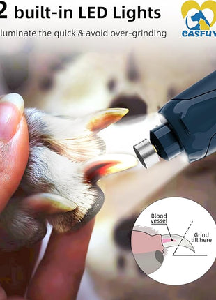 Casfuy Dog Nail Grinder Quiet - (45db) 6-Speed Pet Nail Grinder with 2 LED Lights for Large Medium Small Puppy Dogs/Cats, Professional 3 Ports Rechargeable Electric Dog Nail Trimmer with Dust Cap