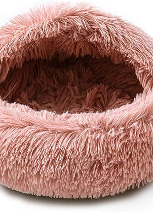 Cat Bed for Indoor Cats, Calming Cozy Cave with Self-Warming Plush, Entire Bed Machine Washable & Anti-Slip Base, Breathable Pet Bed for Small Cats&Dogs All Seasons (Leather Pink, 24 * 24inch)