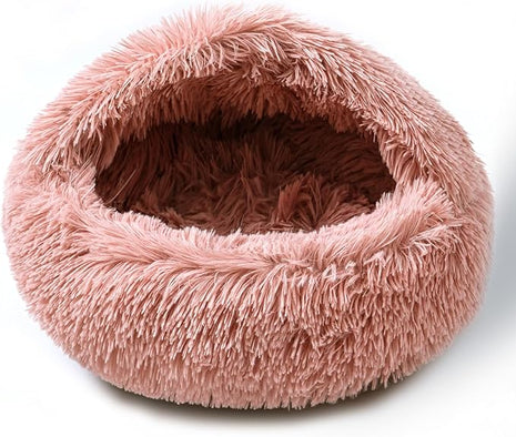 Cat Bed for Indoor Cats, Calming Cozy Cave with Self-Warming Plush, Entire Bed Machine Washable & Anti-Slip Base, Breathable Pet Bed for Small Cats&Dogs All Seasons (Leather Pink, 24 * 24inch)