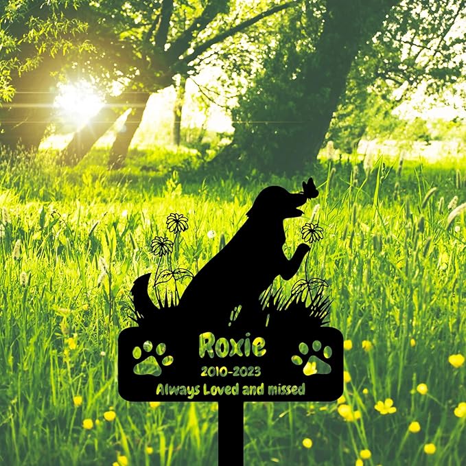 Personalized Flowers Dog Memorial Grave Marker Stake, Custom Butterfly Dog Memorial Stake Metal Engraved Sign, Pet Memorial Gift for Dog Cemetery Yard Lawn Dog Memorial Garden Stake
