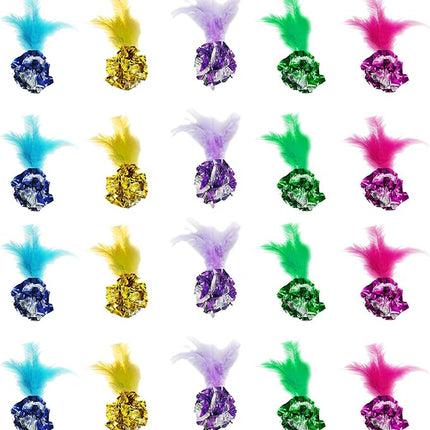 SunGrow Mylar Crinkle Balls with Feathers, 2.5-Inches, Shiny Stress Buster Crinkler, Suitable for Multiple Cats' Engagement, Ideal for Kittens and Grown-ups, 20-Pcs