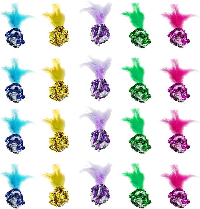 SunGrow Mylar Crinkle Balls with Feathers, 2.5-Inches, Shiny Stress Buster Crinkler, Suitable for Multiple Cats' Engagement, Ideal for Kittens and Grown-ups, 20-Pcs