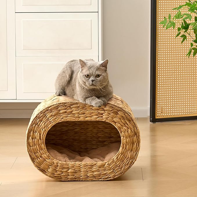 Cat House,Handwoven Cat Cave Pet Cube, Natural Cat Beds Indoor Kitten House with Double-Sided Soft Cushions, Pet Cat House for Multiple Cats, for Living Room Bedroom