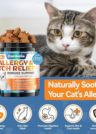 Cat Allergy Relief Chews 200 pcs - Cat Itchy Skin & Paw Licking Relief - Omega 3 & Probiotic for Cats - Anti-Itch Relief for Skin & Coat Health, Immune Support, Seasonal Allergies - Chicken Flavor
