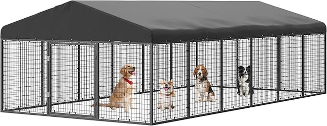 Large Outdoor Dog Enclosure,Heavy Duty Dog Cage with Roof,Galvanized Steel Dog Kennel Fence with Double Safety Locks(19.68'x 9.84')