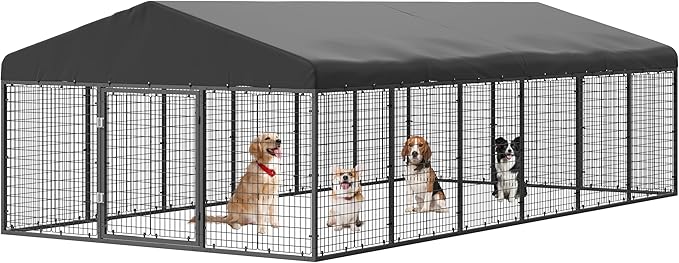236" x 118" Outdoor Dog Kennel Steel Ideal Dog Fence for Medium/Small Dogs Anti-Rust Coating Cage with Roof All Weather Resistant Dog House with Double Locks