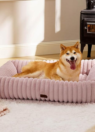 Bedsure Cute Dog Bed for Large Dogs - Washable Furry Puppy Beds, Rectangle Orthopedic Corduroy Fleece Pet Beds with Removable Zipper Cover, 36x27x8inches, Blush Pink