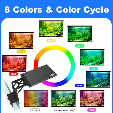 SEAOURA Clip On Aquarium Light for Plants-24/7 Cycle Fish Tank Light with Timer, Full Spectrum+7 Colors Mode, Auto On/Off, Adjustable Brightness and Height, 12W (7inch for 7-12 inch Tank)