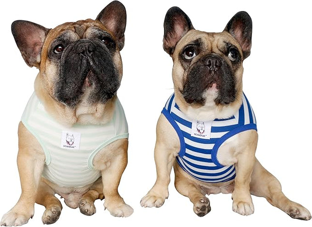 iChoue 2pcs French Bulldog Striped Shirts 100% Breathable Cotton Tank Tops Vests Clothes for Frenchie Dogs, Blue and Green Stripes, Large