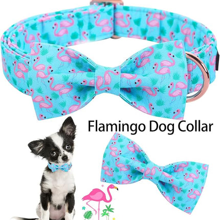 ARING PET Flamingo Dog Collar-Cotton Dog Collar with Bow, Adjustable Summer Bowtie Dog Collars Pet Collars with Metal Buckle