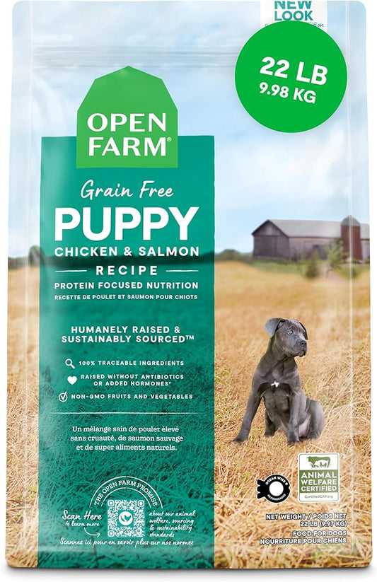 Open Farm, Grain-Free Dry Dog Food for Puppies, Protein-Packed Kibble, Sustainably & Ethically Sourced Ingredients, Non-GMO Veggies & Superfoods, Chicken & Salmon Puppy Recipe, 22lb Bag