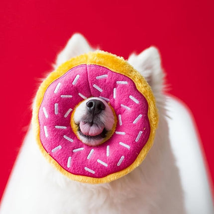 ZippyPaws Donutz - No Stuffing Dog Toys to Keep Them Busy, for Small and Medium Dogs, Squeaky Pet Toy for Boredom, Unstuffed Chew Toy, Soft Plush Puppy Products, Funny Food Toy - Strawberry Donut