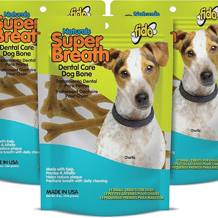 Fido - Super Breath Dental Care Bones for Dogs - 13 Treats Per Pack (3 Pack) - for Small Dogs (Made in USA) - Dog Dental Chews Help Reduce Plaque, Tartar Buildup, and Freshens Breath